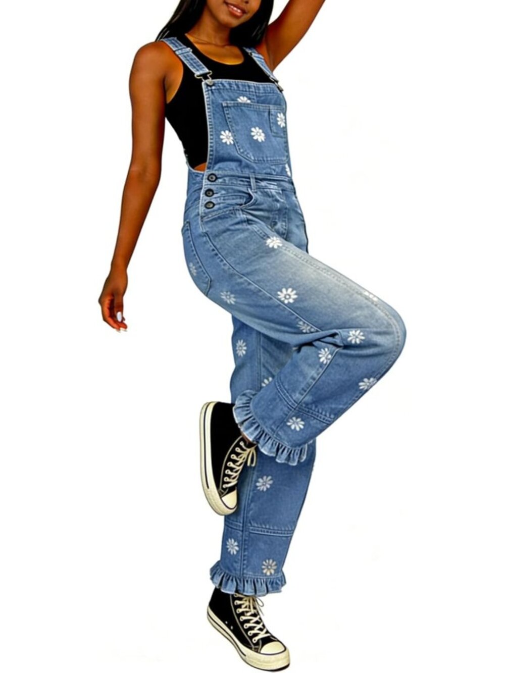 Women's Blue Floral Denim Overalls Baggy Patchwork Barrel Jeans Jumpsuit Floral - Picture 6 of 7